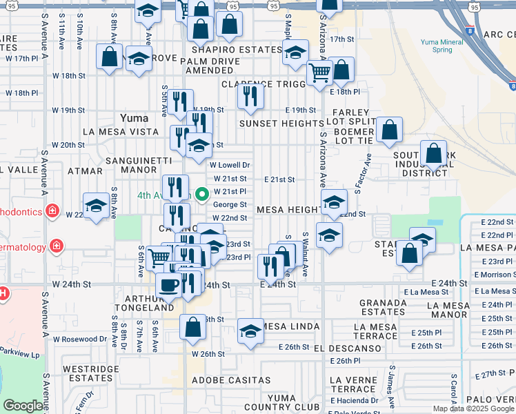 map of restaurants, bars, coffee shops, grocery stores, and more near 2180 South Madison Avenue in Yuma