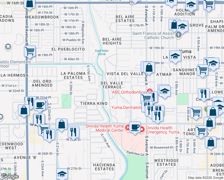 map of restaurants, bars, coffee shops, grocery stores, and more near 2184 South 14th Avenue in Yuma