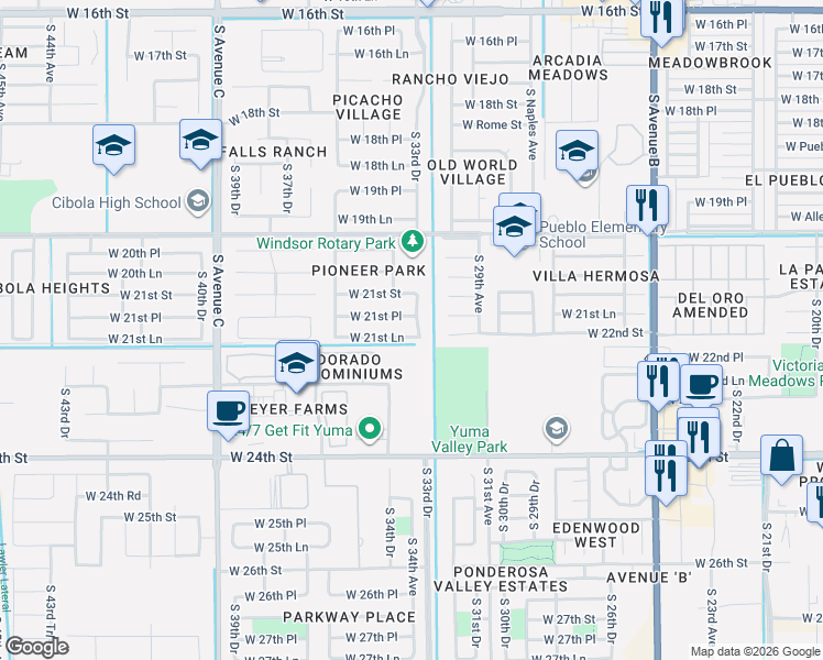 map of restaurants, bars, coffee shops, grocery stores, and more near 2951 West 21st Lane in Yuma
