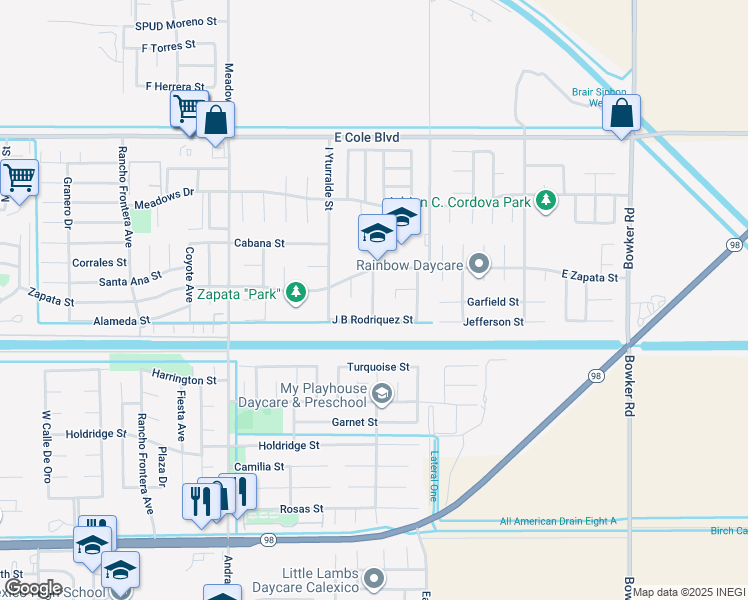 map of restaurants, bars, coffee shops, grocery stores, and more near 1918 East Medina Street in Calexico