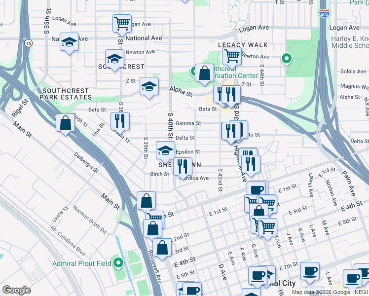 map of restaurants, bars, coffee shops, grocery stores, and more near 4068 Epsilon Street in San Diego