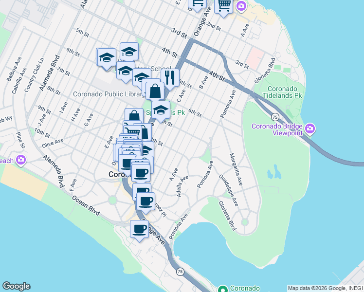 map of restaurants, bars, coffee shops, grocery stores, and more near 767 B Avenue in Coronado