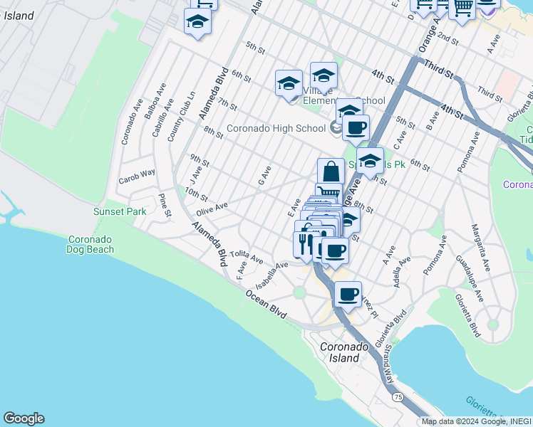 map of restaurants, bars, coffee shops, grocery stores, and more near 936 F Avenue in Coronado