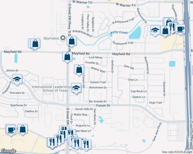 map of restaurants, bars, coffee shops, grocery stores, and more near 3414 Jasper Dr in Grand Prairie