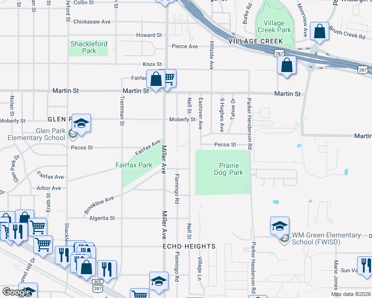 map of restaurants, bars, coffee shops, grocery stores, and more near 5001 Flamingo Road in Fort Worth