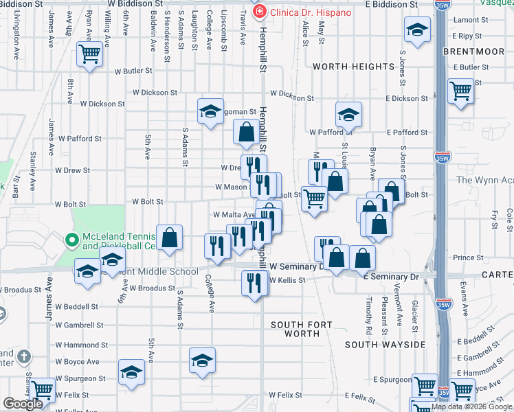 map of restaurants, bars, coffee shops, grocery stores, and more near 4112 Hemphill Street in Fort Worth