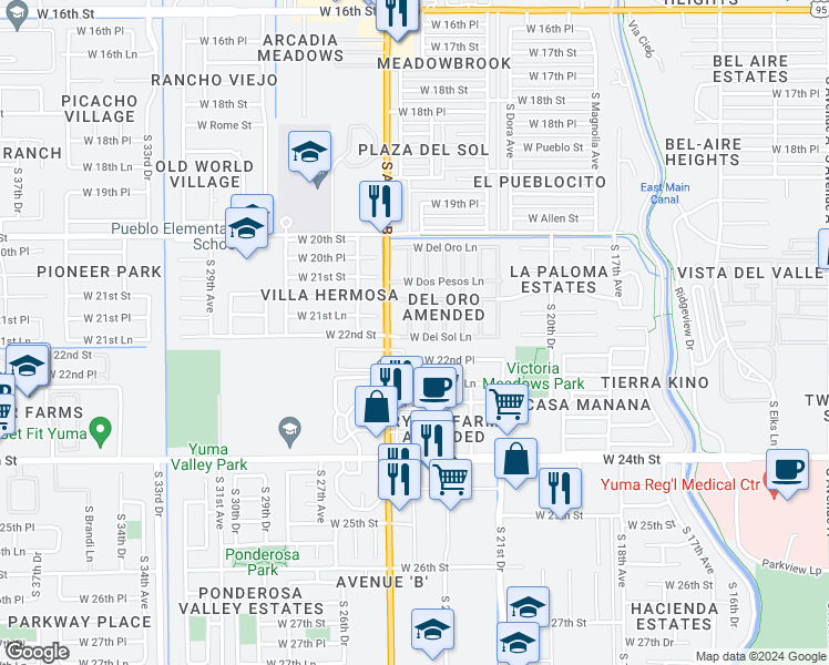 map of restaurants, bars, coffee shops, grocery stores, and more near 2193 South Sidewinder Avenue in Yuma