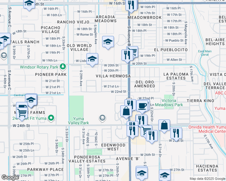 map of restaurants, bars, coffee shops, grocery stores, and more near 2584 West 22nd Street in Yuma