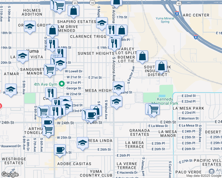 map of restaurants, bars, coffee shops, grocery stores, and more near 2172 South Arizona Avenue in Yuma