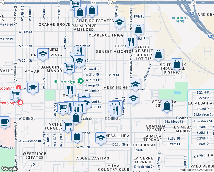 map of restaurants, bars, coffee shops, grocery stores, and more near 2180 South Madison Avenue in Yuma