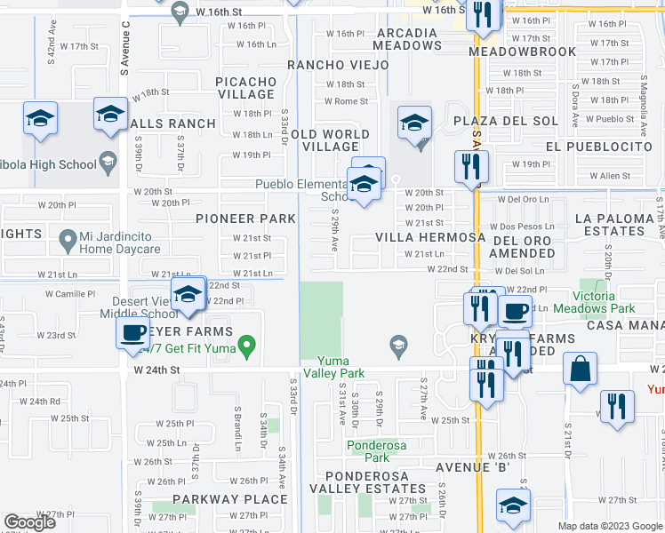 map of restaurants, bars, coffee shops, grocery stores, and more near 2916 West 22nd Street in Yuma