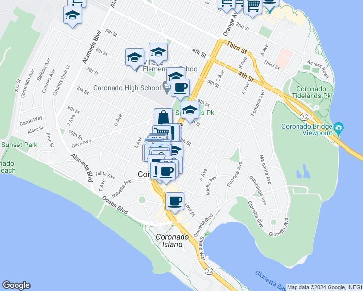 map of restaurants, bars, coffee shops, grocery stores, and more near 818 C Avenue in Coronado