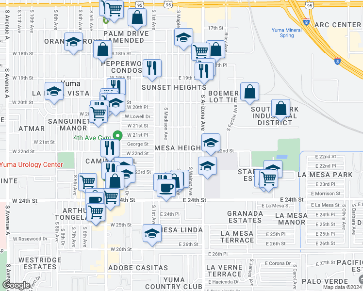 map of restaurants, bars, coffee shops, grocery stores, and more near 2175 South Maple Avenue in Yuma
