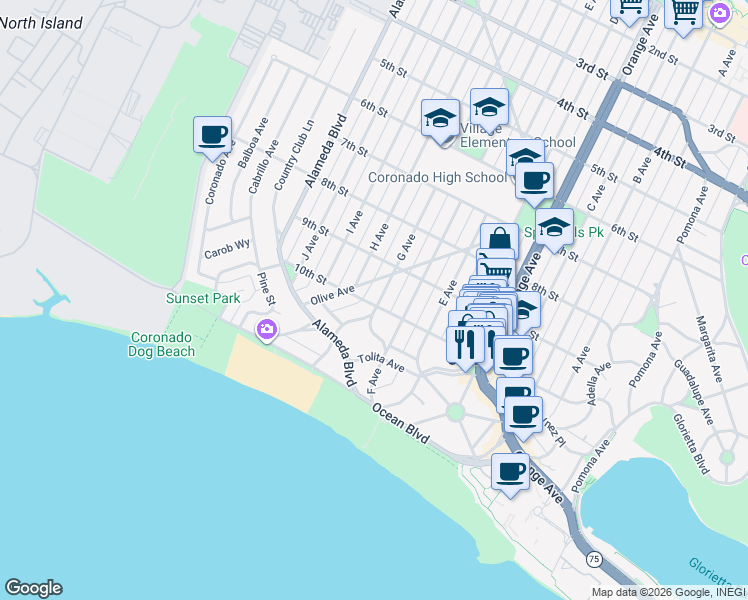 map of restaurants, bars, coffee shops, grocery stores, and more near 625 10th Street in Coronado