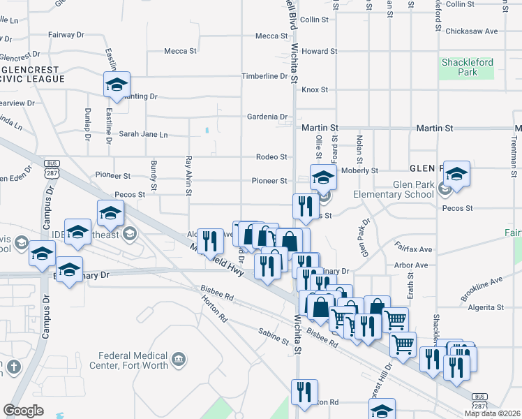 map of restaurants, bars, coffee shops, grocery stores, and more near 3124 Pecos Street in Fort Worth