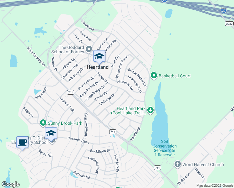 map of restaurants, bars, coffee shops, grocery stores, and more near 2046 Club Oak Drive in Forney