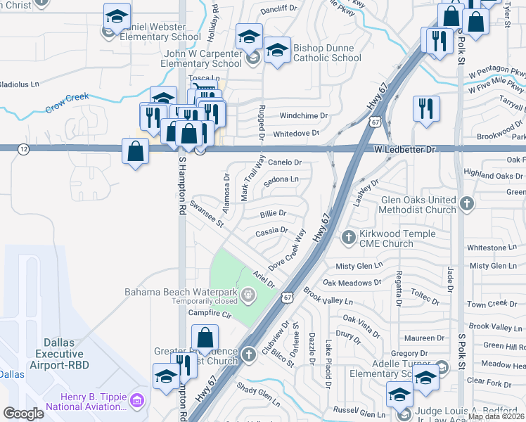 map of restaurants, bars, coffee shops, grocery stores, and more near 1903 Billie Drive in Dallas