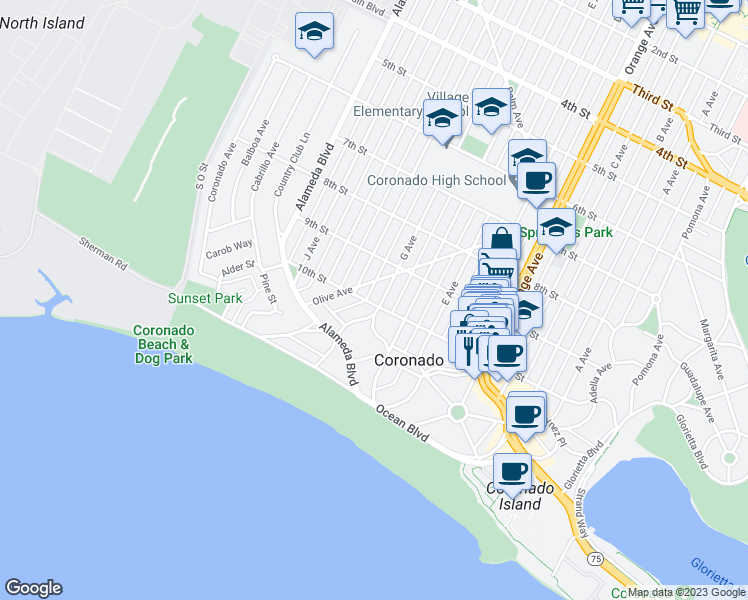 map of restaurants, bars, coffee shops, grocery stores, and more near 625 10th Street in Coronado