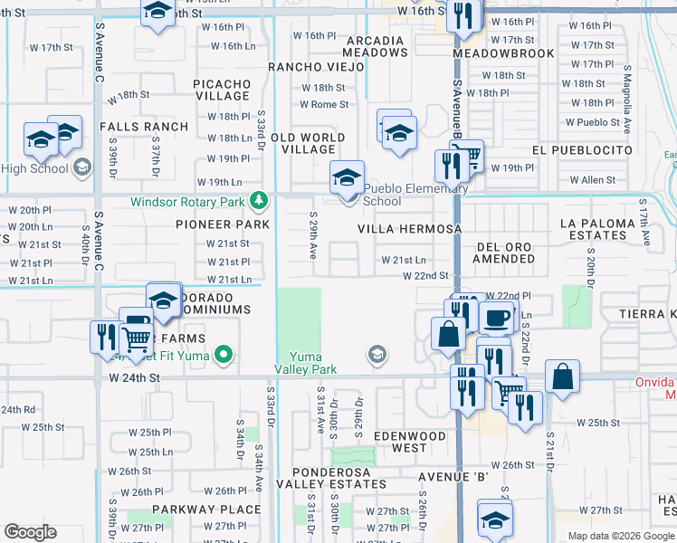 map of restaurants, bars, coffee shops, grocery stores, and more near 2730-2798 W 22nd St in Yuma