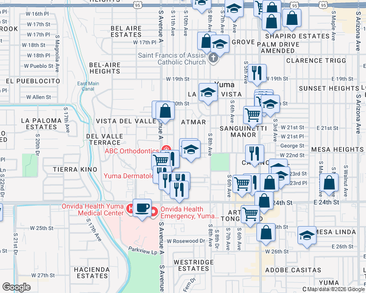 map of restaurants, bars, coffee shops, grocery stores, and more near 2182 South 10th Avenue in Yuma