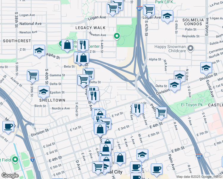 map of restaurants, bars, coffee shops, grocery stores, and more near Sito Lane in National City