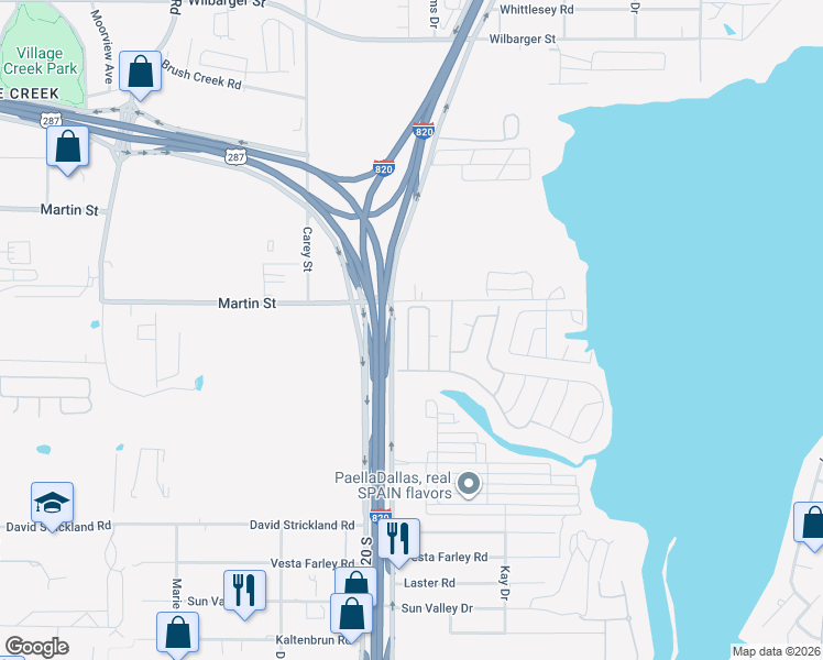 map of restaurants, bars, coffee shops, grocery stores, and more near 5040 Slim Ridge Road in Fort Worth