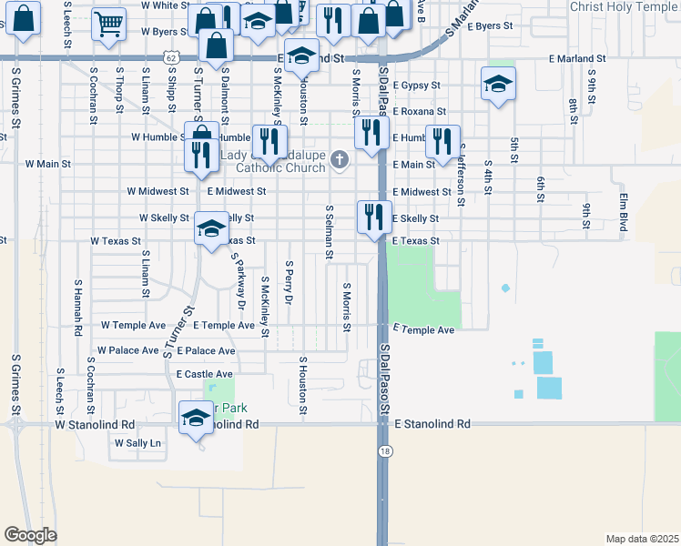 map of restaurants, bars, coffee shops, grocery stores, and more near 1205 South Morris Street in Hobbs