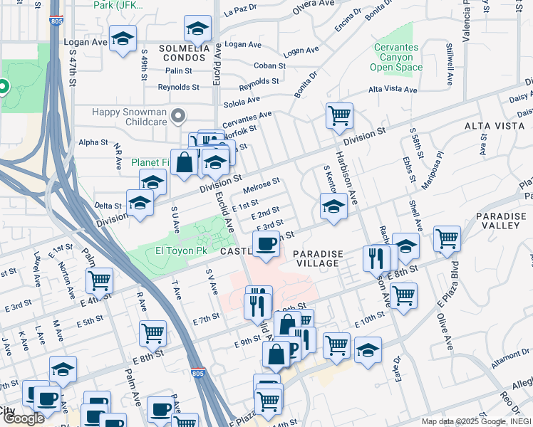 map of restaurants, bars, coffee shops, grocery stores, and more near 2536 East 2nd Street in National City