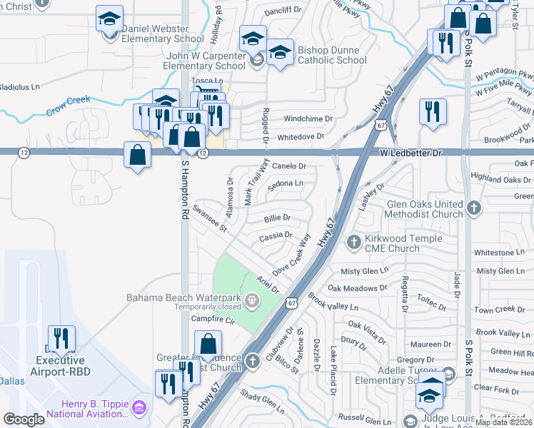 map of restaurants, bars, coffee shops, grocery stores, and more near 1903 Billie Drive in Dallas