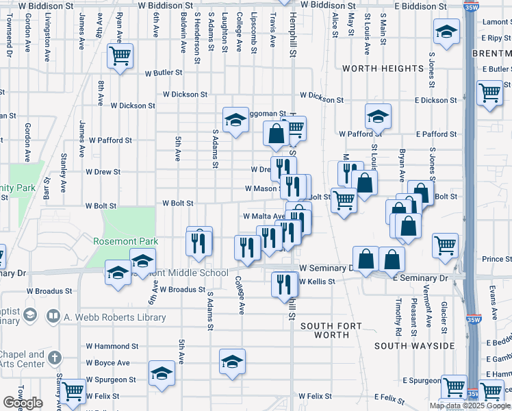 map of restaurants, bars, coffee shops, grocery stores, and more near 801 West Bolt Street in Fort Worth