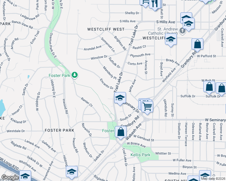 map of restaurants, bars, coffee shops, grocery stores, and more near 3601 Encanto Drive in Fort Worth