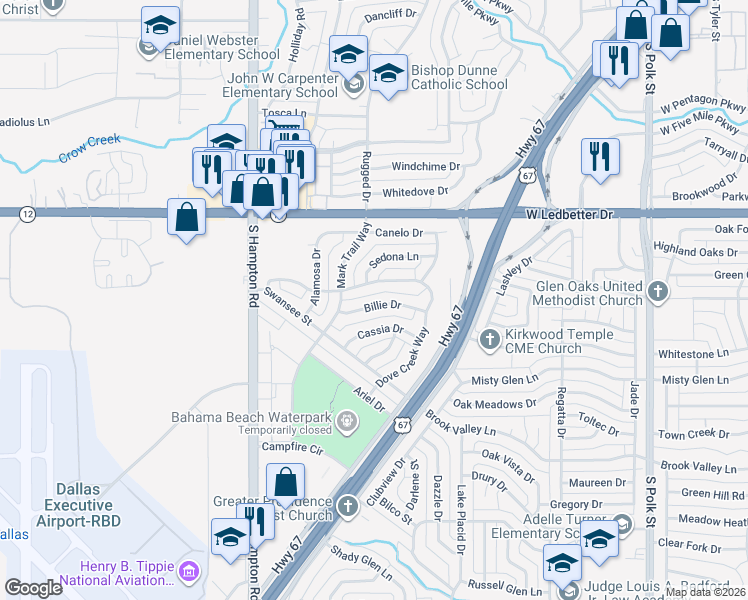 map of restaurants, bars, coffee shops, grocery stores, and more near 1903 Billie Drive in Dallas
