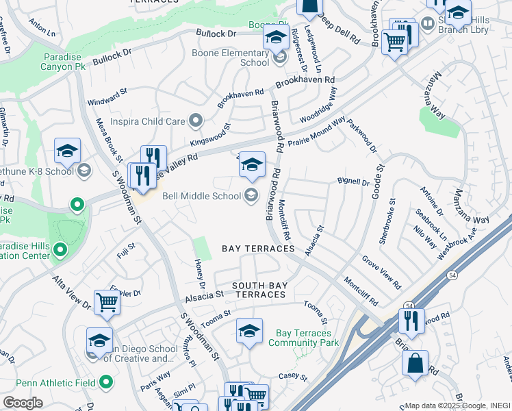 map of restaurants, bars, coffee shops, grocery stores, and more near 620 Briarwood Road in San Diego