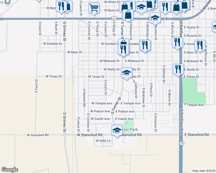 map of restaurants, bars, coffee shops, grocery stores, and more near 1210 South Linam Street in Hobbs
