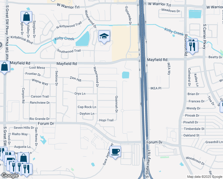 map of restaurants, bars, coffee shops, grocery stores, and more near 2019 Paducah Lane in Grand Prairie