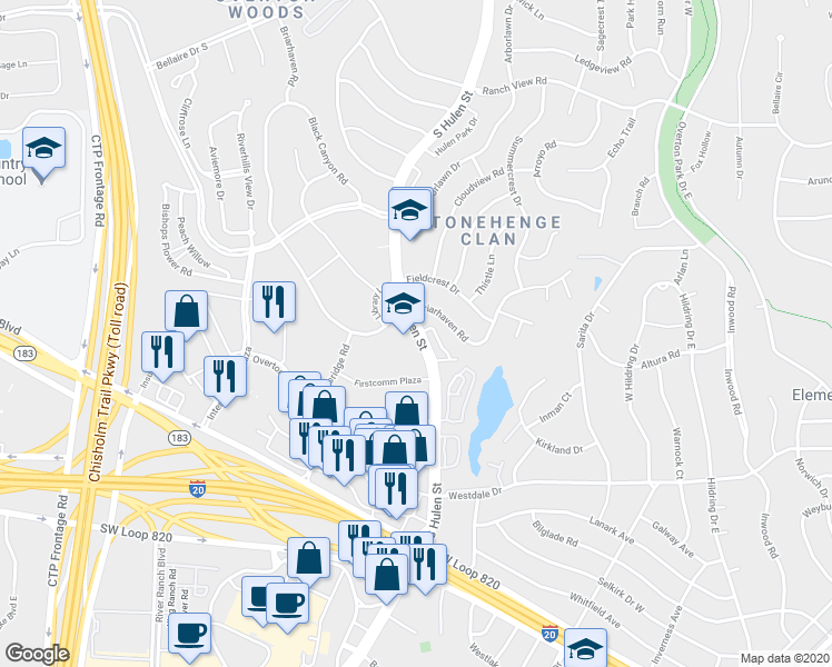 map of restaurants, bars, coffee shops, grocery stores, and more near 4110 South Hulen Street in Fort Worth