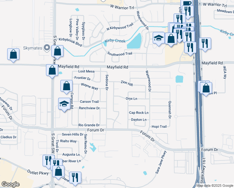 map of restaurants, bars, coffee shops, grocery stores, and more near 2212 Oryx Lane in Grand Prairie