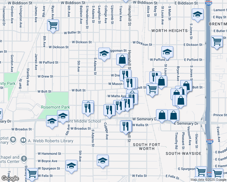 map of restaurants, bars, coffee shops, grocery stores, and more near 801 West Bolt Street in Fort Worth