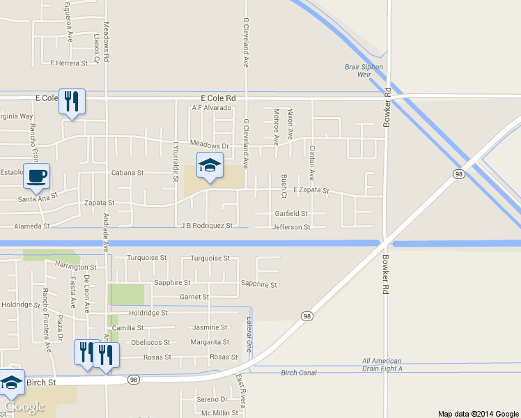 map of restaurants, bars, coffee shops, grocery stores, and more near 1307 Garfield Street in Calexico