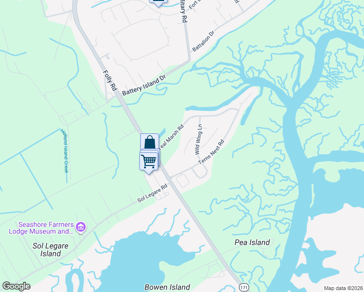 map of restaurants, bars, coffee shops, grocery stores, and more near 1658 Wading Heron Road in Charleston