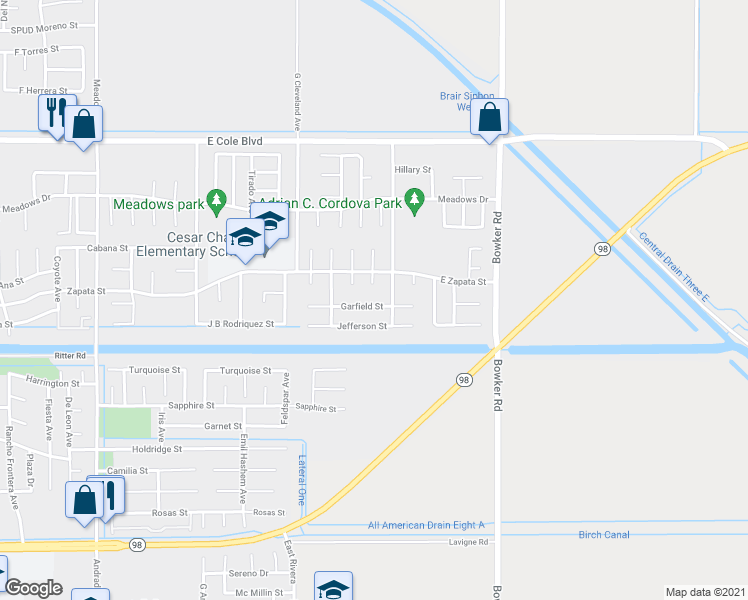 map of restaurants, bars, coffee shops, grocery stores, and more near 1329 Garfield Street in Calexico
