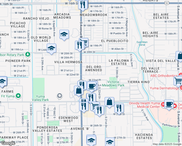 map of restaurants, bars, coffee shops, grocery stores, and more near 2189 South Roadrunner Lane in Yuma
