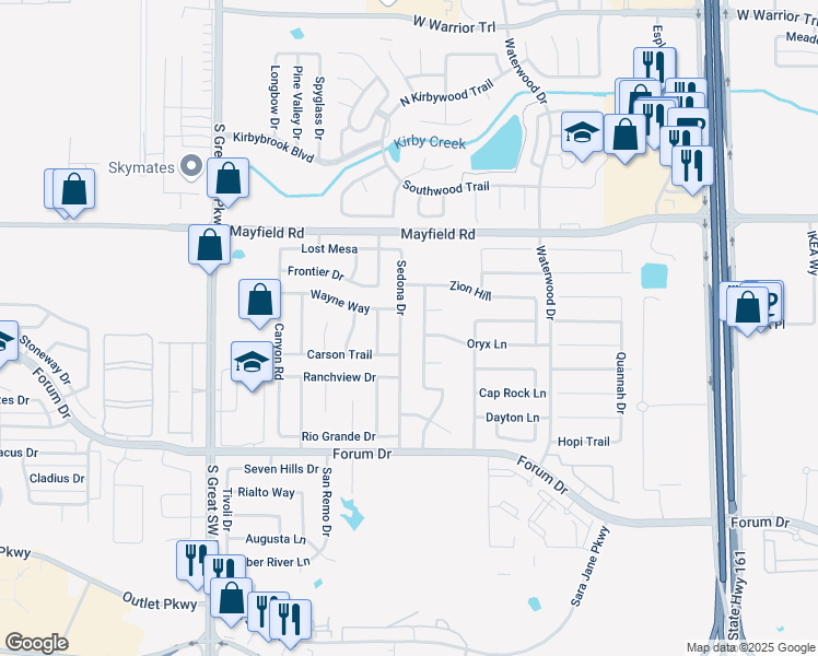 map of restaurants, bars, coffee shops, grocery stores, and more near 3412 Sedona Drive in Grand Prairie