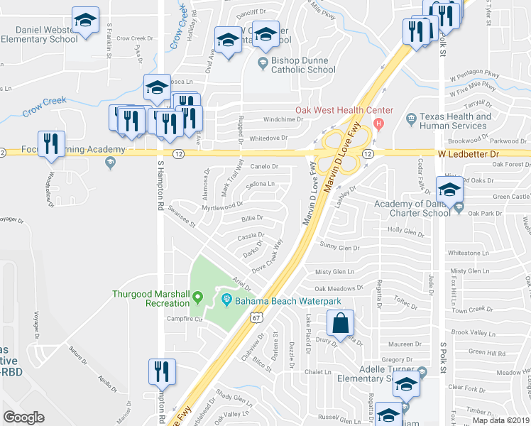 map of restaurants, bars, coffee shops, grocery stores, and more near 1803 Billie Drive in Dallas