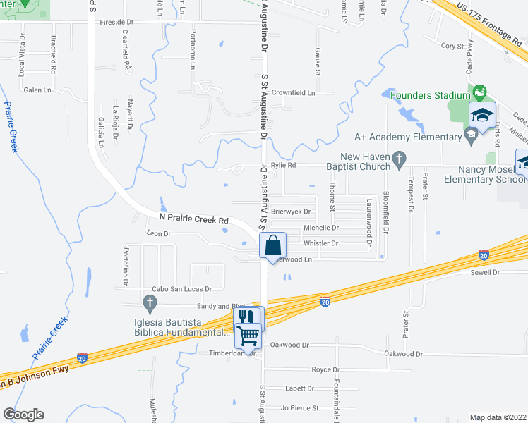 map of restaurants, bars, coffee shops, grocery stores, and more near S St Augustine Rd & Brierwyck Dr in Dallas