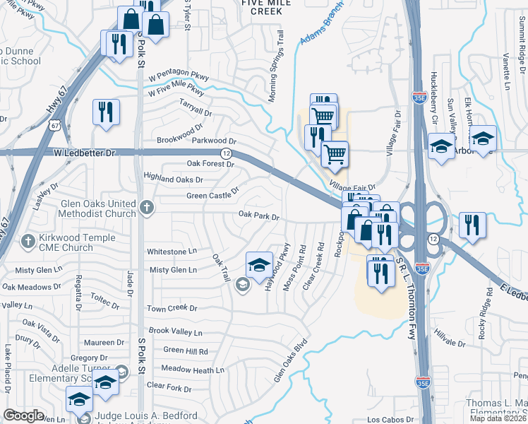 map of restaurants, bars, coffee shops, grocery stores, and more near 609 Oak Park Drive in Dallas