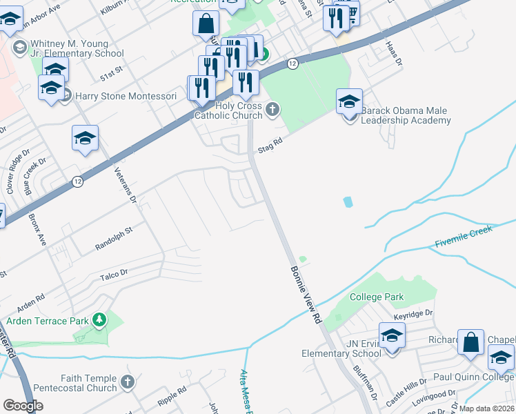 map of restaurants, bars, coffee shops, grocery stores, and more near 5175 Cardiff Street in Dallas