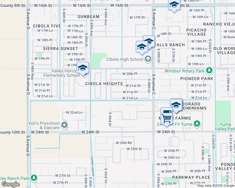 map of restaurants, bars, coffee shops, grocery stores, and more near 4276 West 21st Lane in Yuma