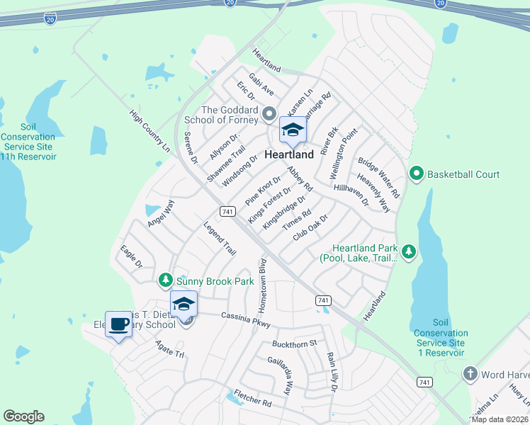 map of restaurants, bars, coffee shops, grocery stores, and more near 2012 Kings Forest Drive in Forney