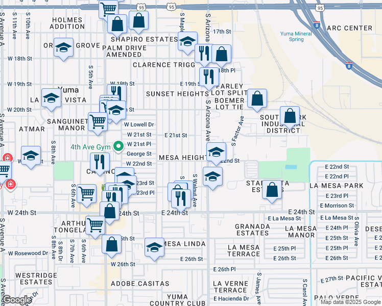 map of restaurants, bars, coffee shops, grocery stores, and more near 2175 South Maple Avenue in Yuma